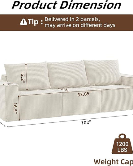 102” Boneless Modular Couch, 3 Seater Cloud Sofa for Living Room, Modern Sectional Sofa with Deep Seat, Comfy Fluffy Loveseat Couch, No Assembly Required, Beige