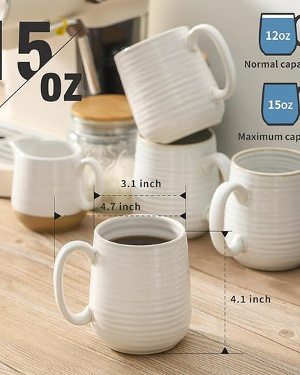 HASENSE Coffee Mugs Set of 6, Ceramic Coffee Cups with Handle for Home Office, 12 Ounce Tea Cup for Coffee, Latte, Hot Cocoa, Dishwasher and Microwave Safe, Clay-Infused White