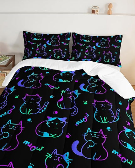 3D Neon Cat Kids Comforter Set,Gradient Line Cat Toddler Comforters Twin Size for Teens Kids Boys Girls Room Decoration,Black Kawaii Bedding Sets with 2 Pillowcases.