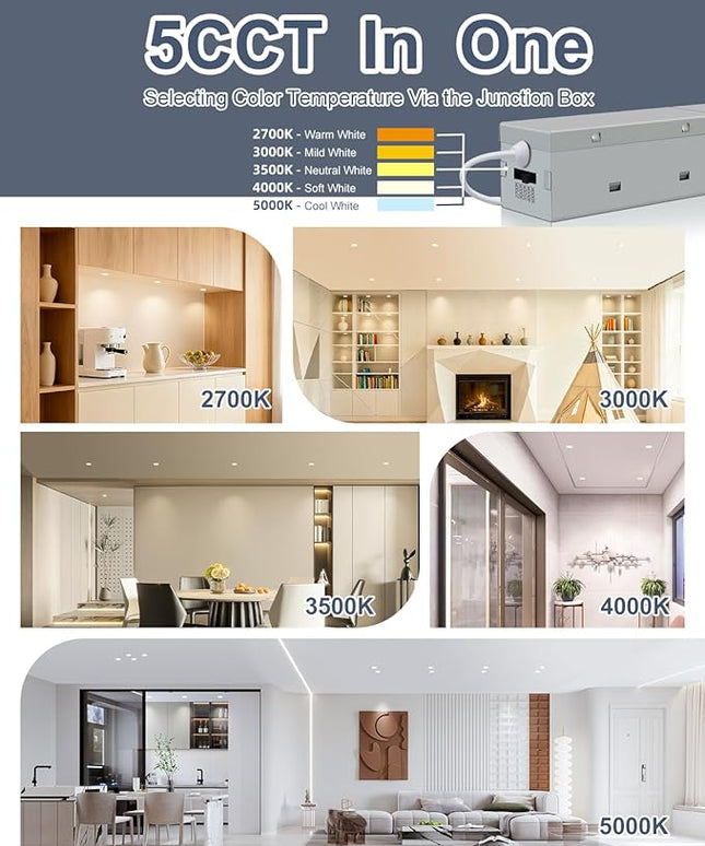 2 Inch 5CCT Anti-Glare LED Recessed Lights with Jbox, 2700K/3000K/3500K/4000K/5000K Selectable, 8W 840LM CRI90+, Dimmable Canless Downlight, Waterproof Light Fixtures, ETL & FCC（White, 1 Pack）