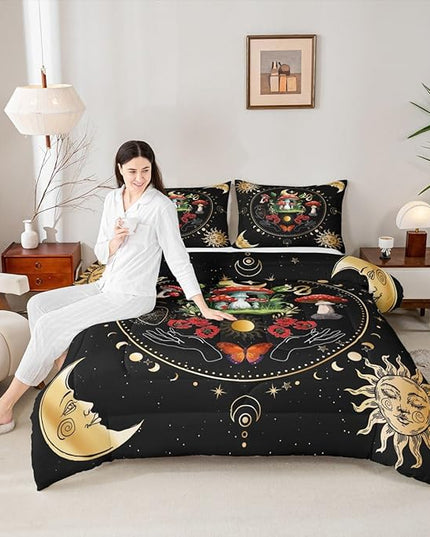 Mushroom Kids Comforter Set Full Size,Sun Moon Starry Sky Galaxy Romantic Bedding Set,Girls Boys Adults Bedroom Decor,Butterfly Snake Boho Trippy Down Comforter,Colorful Duvet Insert,2 Pillowcases