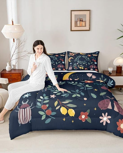 Sun Moon Comforter Set Twin Size,Starry Sky Galaxy Trippy Boho Bedding Set,Boys Girls Adults Room Decor,Flowers Leaves Wildlifes Rustic Down Comforter,Colorful Country Duvet Insert,1 Pillowcase