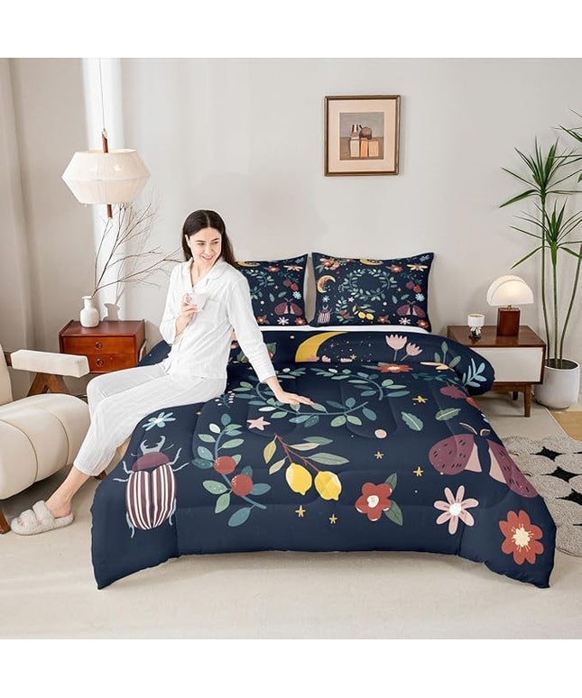 Sun Moon Comforter Set Twin Size,Starry Sky Galaxy Trippy Boho Bedding Set,Boys Girls Adults Room Decor,Flowers Leaves Wildlifes Rustic Down Comforter,Colorful Country Duvet Insert,1 Pillowcase