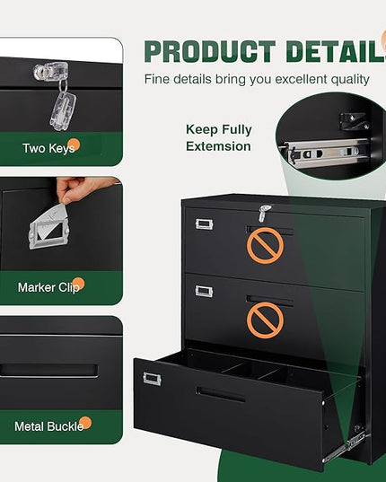 Letaya Lateral 3 Drawer File Cabinets with Lock, Metal Filing Storage Vertical Cabinets,Home Office Furniture for Organization Hanging Letter/Legal/F4/A4(Black)