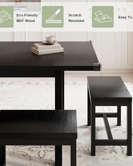 Feonase 7-Piece Dining Table Set with 6 Stools, 63" Large Extendable Kitchen Table Set for 4-8, Mid-Century Dining Room Table with Heavy-Duty Frame, Easy Assembly, Black