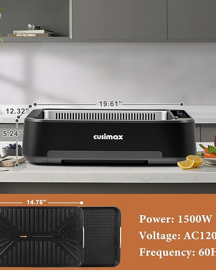 Indoor Grill, CUSIMAX Electric Smokeless Grill & Griddle with REPLACEABLE Smoke Filter Sponge, 1500W Korean BBQ Grill, Smart LED Display, Larger Grilling Area, Black(New Model)