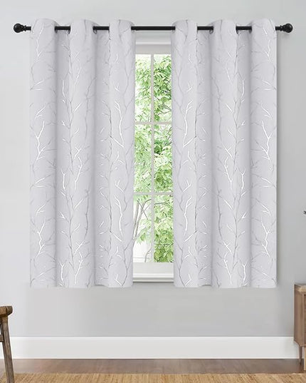 BUHUA Silver Tree Branches Printed Blackout Curtain 2 Pairs 45 Inches Length Blackout Small Window Curtains for Kitchen 38W x 45L, Greyish White