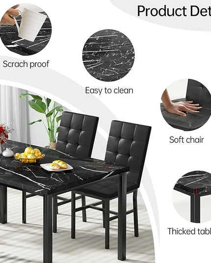 Hooseng Kitchen Table Set 5 Piece Dining Room Table Set Marble Dining Table 4 Chair Dining Table Set for Kitchen Living Room Breakfast Small Spaces (Black)