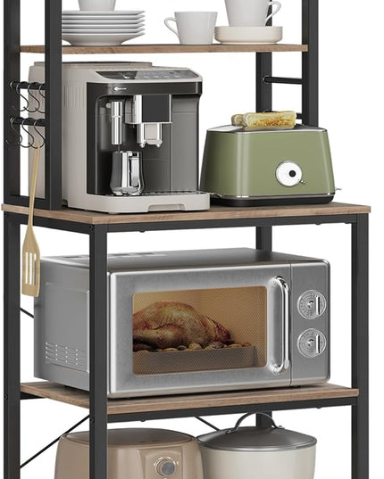 VASAGLE Coffee Bar, 23.6 Inches Baker's Rack for Kitchen with Storage, 6-Tier Kitchen Shelves with 6 Hooks, Microwave Stand, Industrial, Heather Greige and Ink Black UKKS024B02