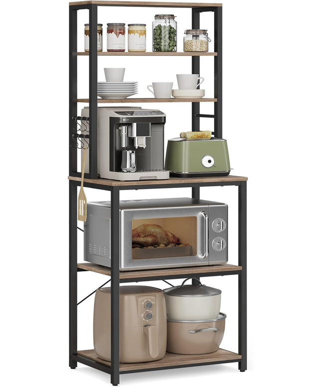 VASAGLE Coffee Bar, 23.6 Inches Baker's Rack for Kitchen with Storage, 6-Tier Kitchen Shelves with 6 Hooks, Microwave Stand, Industrial, Heather Greige and Ink Black UKKS024B02