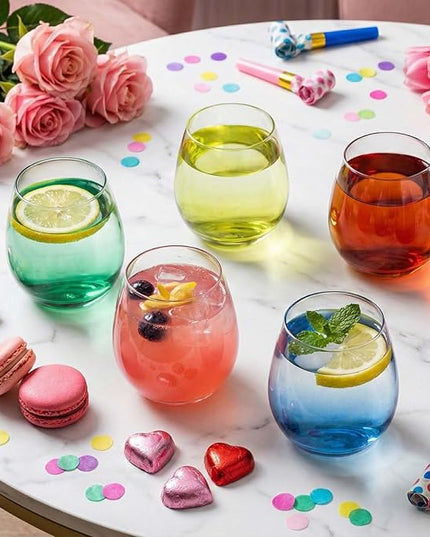 ColoVie 15oz Stemless Wine Glasses Set of 6, Lead-Free Crystal Colored Gradient Wine Glass, Iridescent Ombre Glassware for Red & White Wine, Unique Housewarming & Birthday Gifts for Women