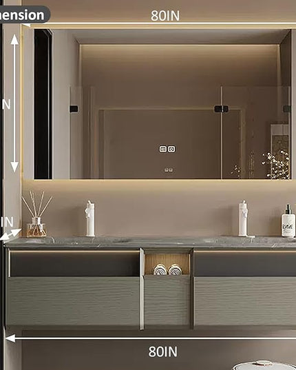 80IN Wood Bathroom Vanity - Double Sink Bathroom Vanity with Sink | Includes LED Intelligent Defogging Mirror Cabinet, 3 Drawers | Intelligent Induction Light & Integrated Double Sinks, Grey