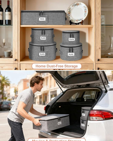 Cirhy Reinforced China Storage Containers, 5-Piece Dinnerware & Mug Organizer Set with Quilted Padding and Felt Dividers, Stackable Boxes for Dishes, Cups & Fine China, Ideal for Moving and Kitchen
