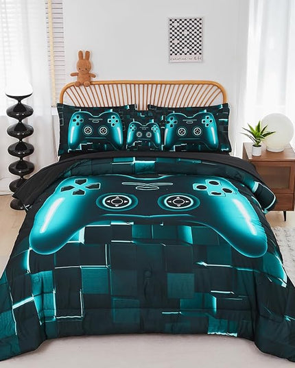 PERFEMET Gamer Bedding Set Twin Size 6-Piece Teal Blue Game Console Bed in A Bag for Boys Kids Teen 3D Black Gamepad Gaming Bedroom Collections(Teal, Twin)