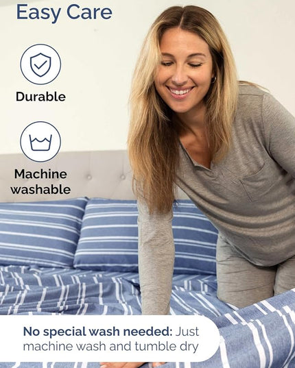 Extra Deep Twin Sheet Set - 4 Piece Breathable and Cooling Sheets - Hotel Luxury Bed Sheets Set - Easy Fit - Soft, Wrinkle Free and Comfy Sheets Set - Blue Striped Sheet Set with Extra Deep Pockets