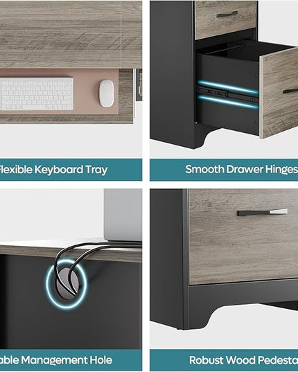 Bestier 59” Computer Desk with 4 Drawers, Office Desk with Storage, Industrial Executive Desk with File Drawer, Keyboard Tray & 2 Pedestals on Both Sides for Home Office & Studio, Grey