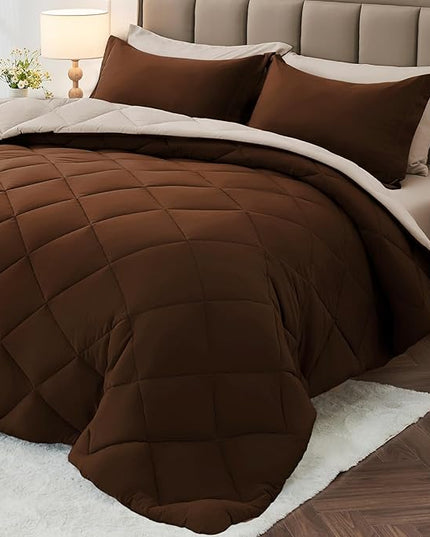 MUXHOMO 7 Pieces King Comforter Set, Reversible Bed in a Bag King Size, All Season Bedding Set with Comforter, Flat Sheet, Fitted Sheet, Pillowcases & Shams, Brown & Khaki