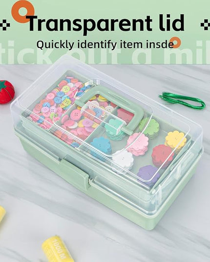 12.5in 3-Layer Multipurpose Craft Organizers and Storage with Adjustable Dividers, Portable Tackle Box, Folding Art & Craft Case for Medicine, Tool, Sewing Organizer (Haze Green)