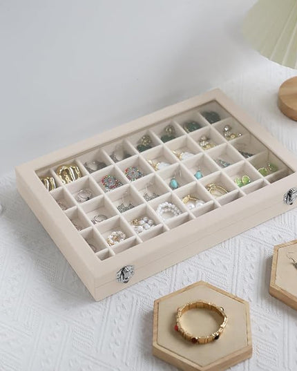 Stratalife Jewelry Organizer 40 Grid Jewelry Trays with Dust-proof Lid Velvet Earring Organizer Ring Holder Accessories Box Necklaces Earrings Storage for Women Drawers Cream