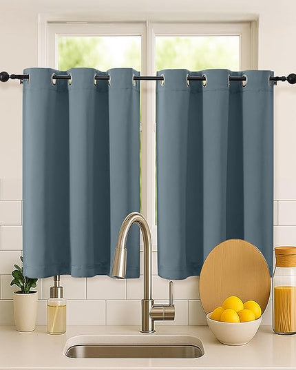 Simplebrand Stone Blue Short Cafe Curtains 36 Inch Length 2 Panels Set, Half Window Grommet Privacy Drape Tiers for Kitchen, Thermal Insulated Room Darkening Curtains for Bathroom Shades, W40 x L36