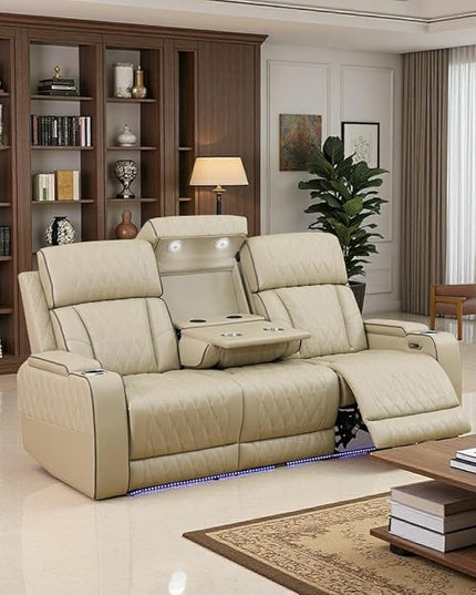 Leather Reclining Sofa Set, Power Recliner Sofa Sectional Couches with Drop-Down Table, Living Room Furniture, Reclining Sofa with Cup Holders/Storage Console for House(Beige)