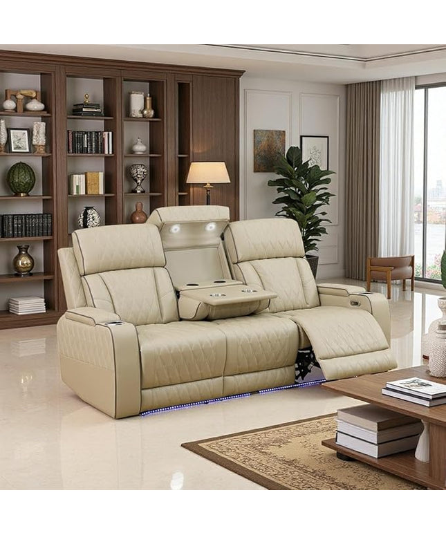 Leather Reclining Sofa Set, Power Recliner Sofa Sectional Couches with Drop-Down Table, Living Room Furniture, Reclining Sofa with Cup Holders/Storage Console for House(Beige)