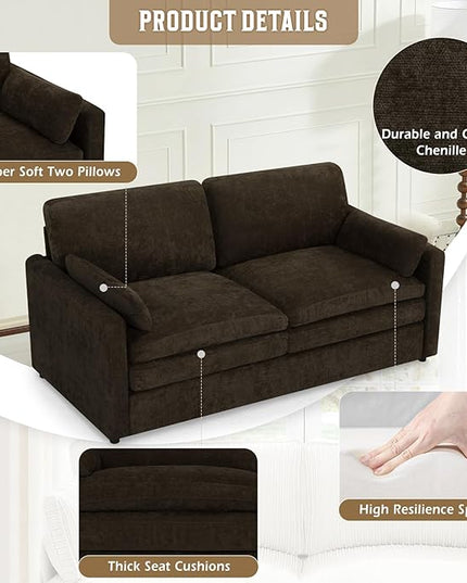 69" Chenille Modern Couch with Cozy & Soft Backrests, 2 Seats Sofa with 2 Extra Pillows, Comfy Upholstered Sofa with Thicker Cushions for Living Room, Office, Brown