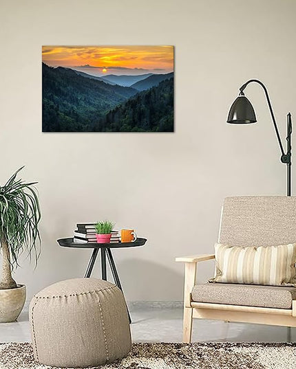 SKASNFAI Nature Landscape Canvas Wall Art Great Smoky Mountains Blue Ridge Mountains Wall Decor Forest Sunrise Pictures Framed for Living Room Bedroom (12x16 inch)
