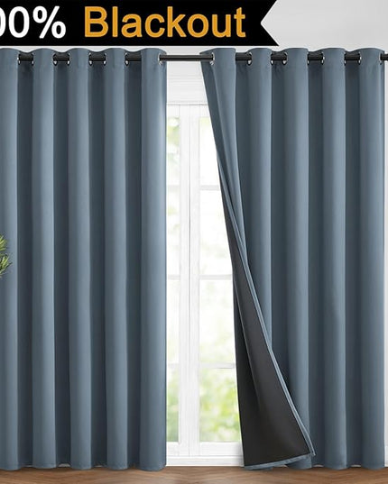 Yakamok 100% Blackout Lined Panels, Room Darkening Thermal Insulated Blackout Curtains for Bedroom, Heat Blocking Drapes for Living Room(62Wx96L, Stone Blue, 2 Panels)