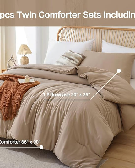 ROSGONIA Twin/Twin XL Comforter Set for Girls Boys Taupe Brown, 1 Tan Comforter & 1 Pillowcase, All Season Kids Comforter Lightweight Dorm Bedding