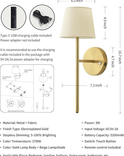 Gold Wall Sconces Set of Two, Small Rechargeable Battery Operated Wall Lamp with Remote, 5200mAh Cordless Wall Lights with Fabric Shade for Bedroom, Bedside, Nursery, Kitchen, Night Light