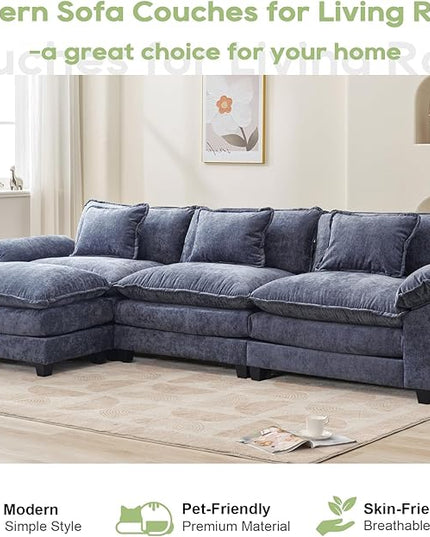 120" Modular Sectional Sofa, Comfy Cloud Couch Sectional Sofa with Ottoman, Chenille Sofa Sleeper Deep Seat Sofa with Throw Pillows for Living Room (Blue, 120"- L Shape)