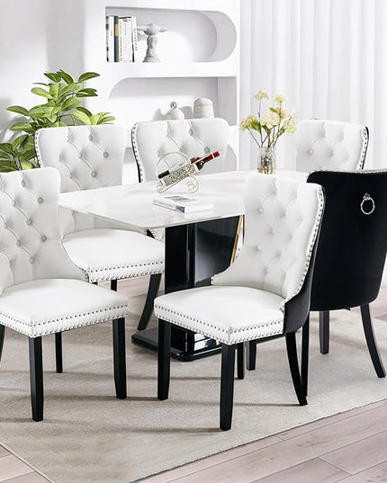 SoarFlash Leather Dining Chairs Set of 8, Tall Back Side Chair, Modern Upholstered Side Chair with Button Back Ring, Solid Wood Legs (Black&White)