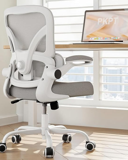 Office Chair with Adjustable Lumbar Support, 330 LBS Home Office Desk Chair with Flip-up Armrests, Mesh Computer Chair for Long Day Use, White and Gray
