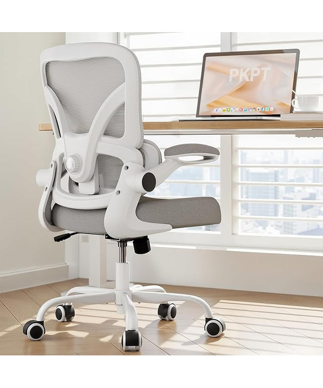 Office Chair with Adjustable Lumbar Support, 330 LBS Home Office Desk Chair with Flip-up Armrests, Mesh Computer Chair for Long Day Use, White and Gray