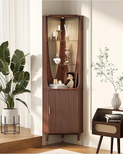 70" Tall Corner Cabinet,Mid Century Modern Cabinet with Doors,Fluted Corner Bar Cabinet with Glass Holder,Lights and Storage Shelves,Wine Bar Cabinet for Liquor, Living Room, Kitchen, Walnut