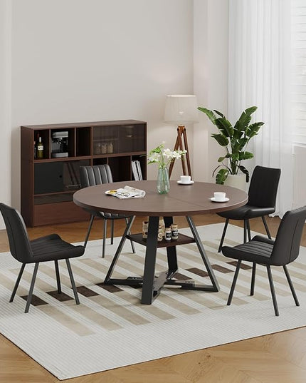 Walnut Round Dining Table Set for 4, Mid-Century Modern Kitchen Table and Chairs, Small Space Dining Room Furniture for Apartment, Breakfast Nook or Studio (Walnut wood-Storage Table+4 Black Chairs)