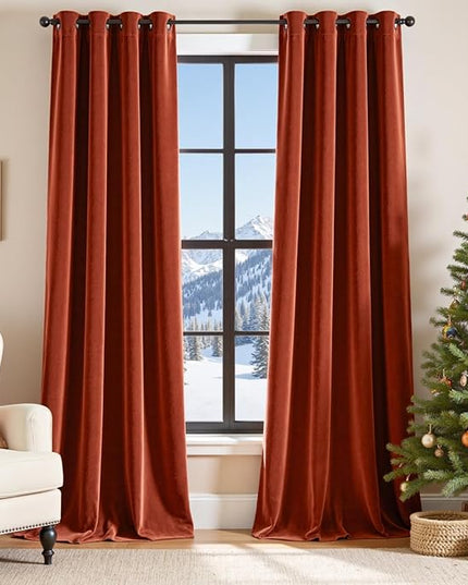 Lazzzy Orange Velvet Curtains Blackout Thermal Insulated 96 Inch Long Window Drapes for Bedroom Living Room Super Soft Luxury Grommet Window Treatment 2 Panels, Rust Red
