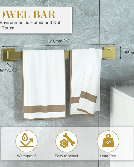 Bathroom Accessory Towel Bar Set: 10 Pieces Gold Square Bathroom Hardware SUS304 Stainless Steel - 24 Inch Wall Mounted Towel Rack&Toilet Paper Holder&Towel Ring and Towel Hook