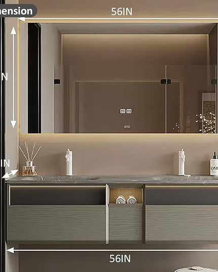 56IN Wood Bathroom Vanity - Double Sink Bathroom Vanity with Sink | Includes LED Intelligent Defogging Mirror Cabinet, 3 Drawers | Intelligent Induction Light & Integrated Double Sinks, Grey