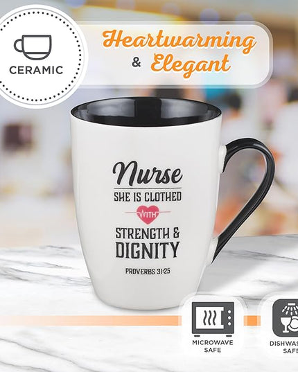 Christian Art Gifts Inspirational Ceramic Coffee & Tea Scripture Mug for Women Nurses: Strength & Dignity Encouraging Proverb, Microwave/Dishwasher Safe Novelty Cup, Cute Heart, White & Black, 12 oz.