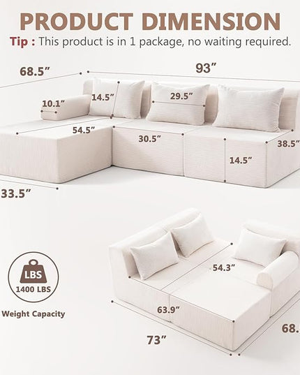 93" Sectional Couches for Living Room, Modular Sectional Sofa, Cloud Couch with L-Shape Chaise, Boneless Couches, Comfy Corduroy Fluffy Couch with Deep Seat, No Assembly Required, Beige