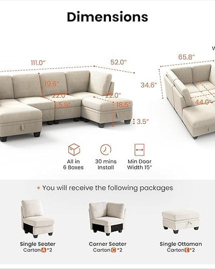 CHIC HOUSE Corduroy Modular Sectional Couch with Ottoman Chaise, L/U Shaped Sleeper Sofa for Living Room, Apartment, Lounge, Modern Armrest Neck Support Furniture (6 Seater Compact Sleeper, Beige)