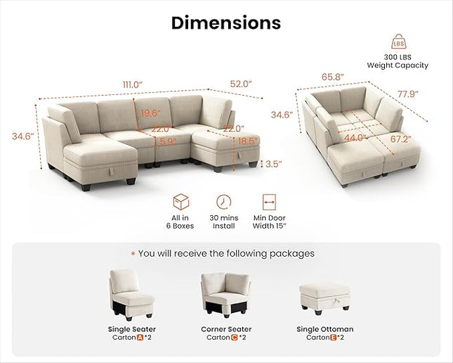 CHIC HOUSE Corduroy Modular Sectional Couch with Ottoman Chaise, L/U Shaped Sleeper Sofa for Living Room, Apartment, Lounge, Modern Armrest Neck Support Furniture (6 Seater Compact Sleeper, Beige)