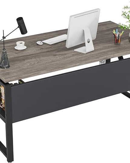 Tribesigns 55 inches Computer Desk with Bottom Storage Shelf Home Office Desk Writing Table for Workstation,Dark Walnut + Steel Leg， Cabinet not Included (Dark Oak, 55-inch -with Shelf)