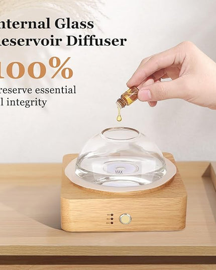 Glass Essential Oil Diffuser with Glass Reservoir & WoodBase, 200ml Ultrasonic Lock Color Timer Auto-Off 7 Color Light Aroma Glass Dome Diffuser for Home Office Bedroom Yoga