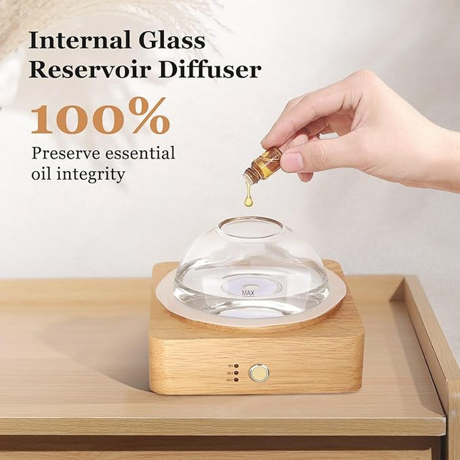 Glass Essential Oil Diffuser with Glass Reservoir & WoodBase, 200ml Ultrasonic Lock Color Timer Auto-Off 7 Color Light Aroma Glass Dome Diffuser for Home Office Bedroom Yoga