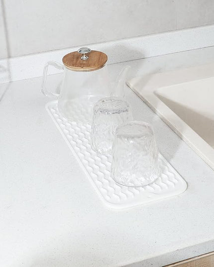 Silicone Dish Drying Mat for Multiple Usage,Easy clean,Eco-friendly,Heat-resistant Silicone Mat for Kitchen Counter,Sink,Bar,Bottle,or Cup White M 17 inches x 6 inches