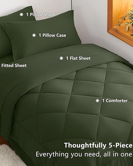 CozyLux Twin XL Comforter Set Olive Green - 5 Pieces Twin Extra Long Bed in a Bag for College Dorm, All Season Bedding Set for Girls and Boys, Soft Bed Set with Comforter, Sheets, Pillowcase & Sham