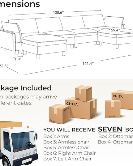 CHITA 161" Super Large Sectional Couches for Living Room, Modular Cloud Couch Sectional Sofa, Premium Fabric Couches, Down Filled, High Density Foam, Chenille in Cream, 6 Seat U Shaped